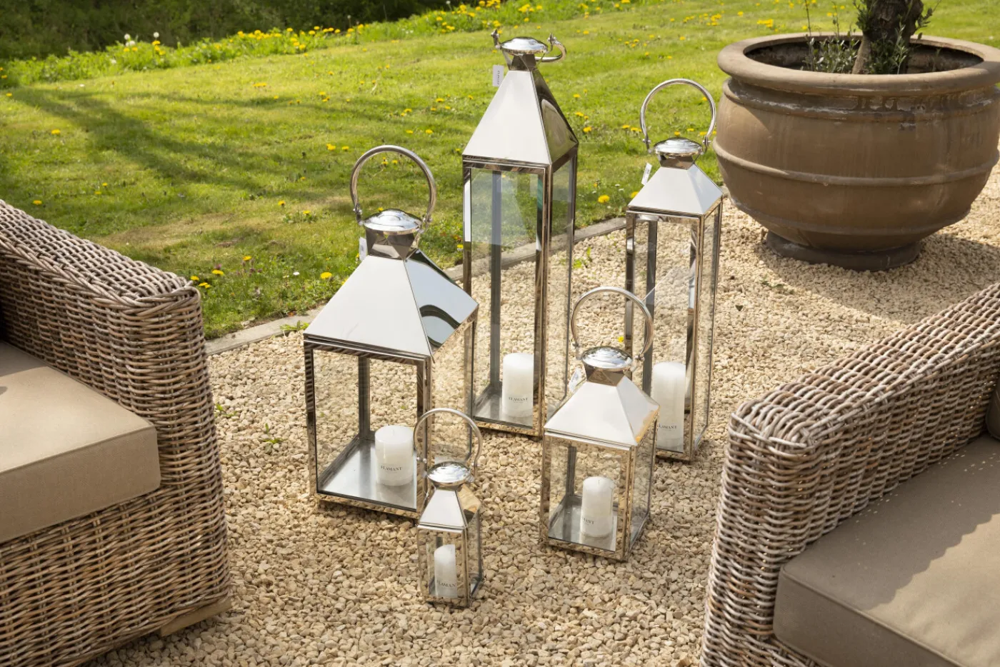 Lanternes|Décoration<Flamant CHARME, lanterne, acier et verre, S Argent